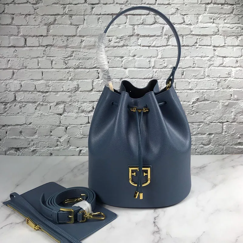 luxury brand classic leather bucket bag with single-shoulder diagonal straddle bag for women Large capacity handbag - Цвет: Темно-синий