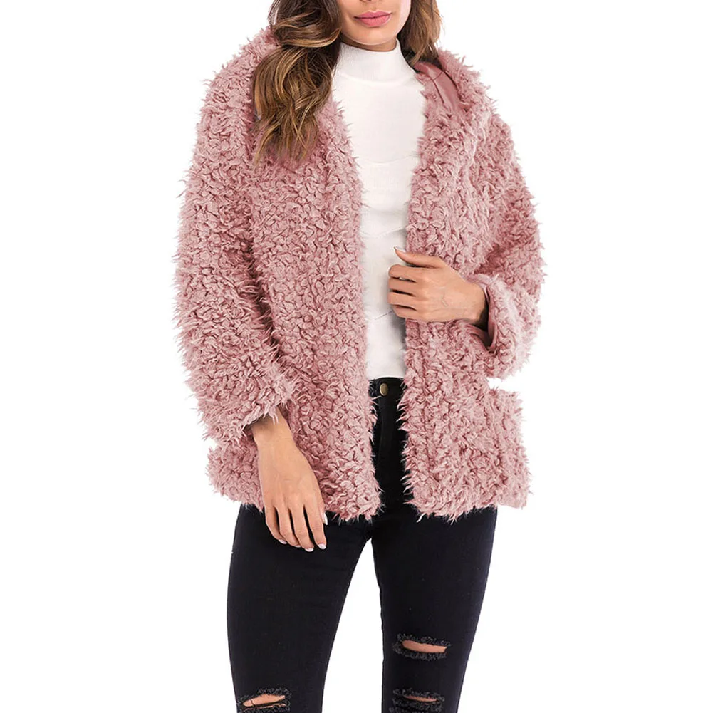 Лидер продаж; зимнее короткое пальто с капюшоном для женщин; повседневное Свободное пальто с длинными рукавами из искусственной овечьей шерсти; теплая куртка-кардиган на молнии; d88 - Цвет: Розовый