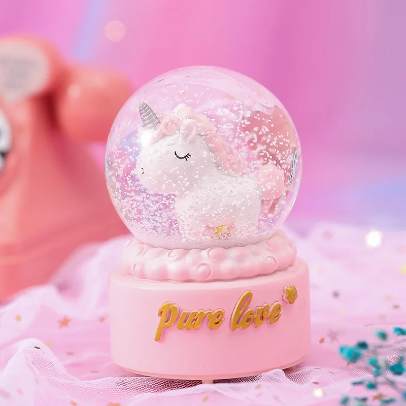 Pink Unicorn Единорог Кристалл снег глобусы стекло музыкальная шкатулка стекло домашний офис Кофейня украшения Рождество подарок на день Святого Валентина - Цвет: Pink Unicorn