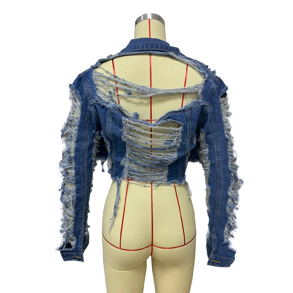 Echoine Turn-down Colarinho Jean Jaqueta Vintage Sexy Buraco Curto Denim Feminina Casual Azul Moda Cabolsas Outwear 16 Cheap Jaquetas básicas