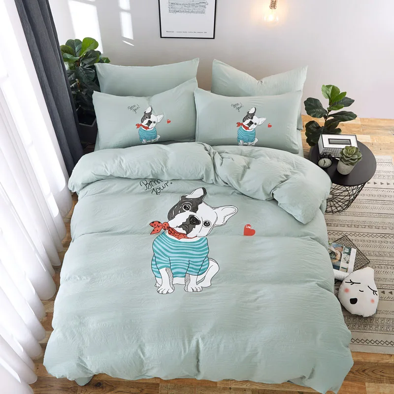 

Liv-Esthete Cute Bulldog Cartoon Bedding Set Blue Duvet Cover Bedspread Flat Sheet Double Queen King Bed Linen For Adult Kids