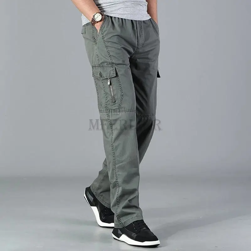 Autumn Summer Spring Men Casual Pocket Cargo Zipper Pants Cotton 8XL Large Size Pants Streetwear Out Door Straight Work