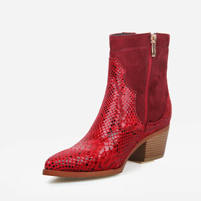 Новинка года; сезон весна; Брендовые женские ботильоны из микрофибры; пикантные ковбойские ботинки с острым носком в западном стиле; женские ботинки на массивном квадратном каблуке - Цвет: Red