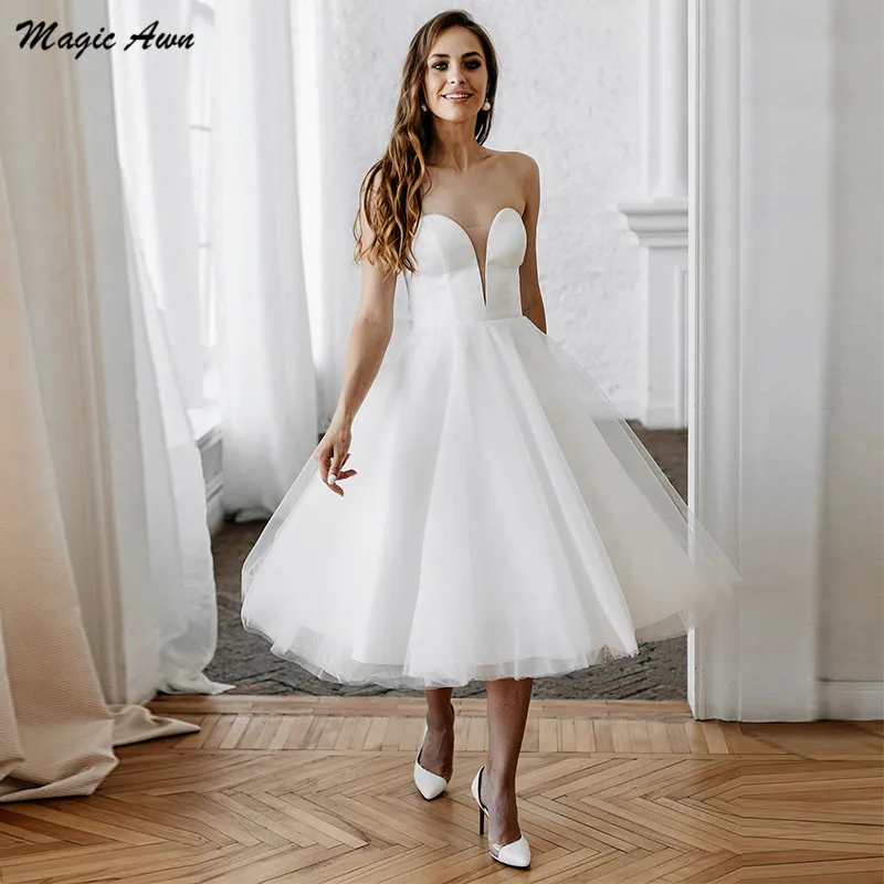 

Magic Awn Simple Short Boho Wedding Dresses Sweetheart Lace-Up Back A-Line Beach Tea-Length Wedding Party Gowns For Women Cheap