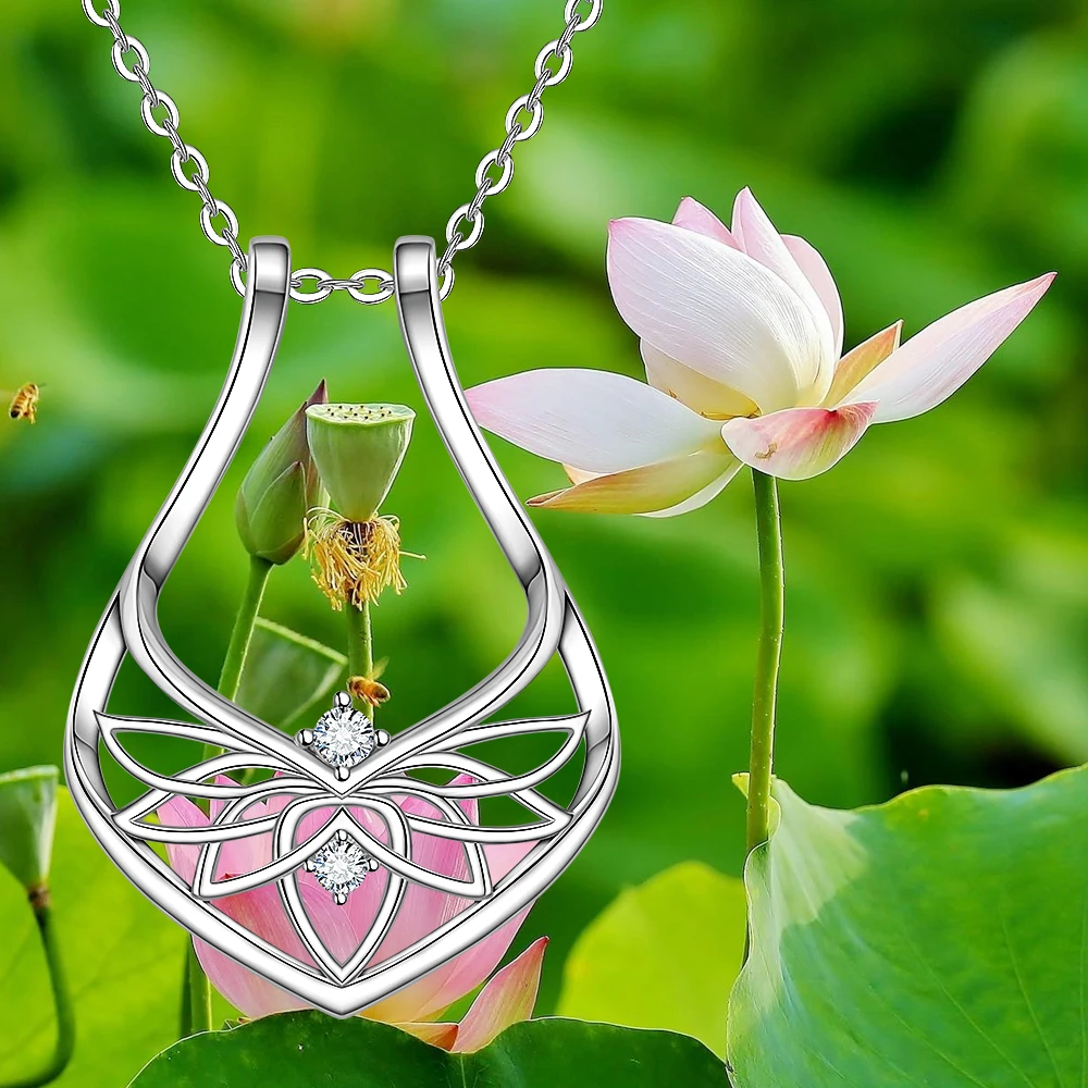 Sterling Silver Ring Holder Necklace Stand for Wedding Rings Lotus Crystal Magic Rhombus Dainty Simple Pendant