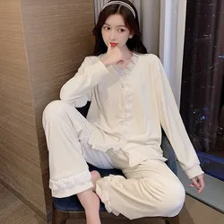 Women Sweet Lace Velvet 2PCS Pajamas Suit Autumn Winter New Warm Nightwear V-Neck Cardigan&Pant Home Wear Casual Sleepwear