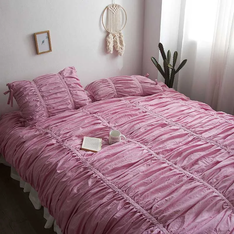 pink 4 шт./компл. в европейском стиле детская одежда из хлопка с рюшами Постельное белье пододеяльник, наволочки для подушек, простыней Твин/queen King Размеры постельное белье - Цвет: pink