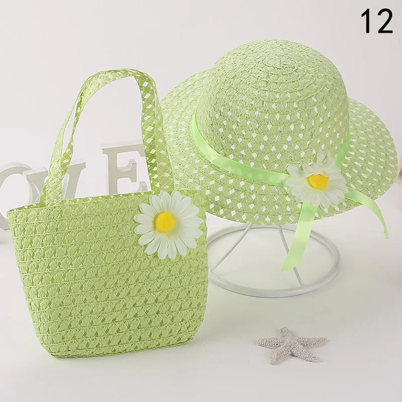 Summer Children Beach Flower Hats Set Wide Brim Straw Hat Beach Hat 3-7 Years Old