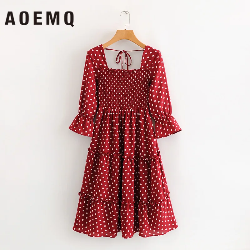 AOEMQ Sweet Cake Dress Strawberry Red with Dot Print Square Lace Up Collar Lotus Leaf Sleeve Summer Clothing | Женская одежда