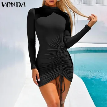 

VONDA 2020 New Party Dress Women Long Sleeve Sexy Irregular Mini Dress Spring Summer Fit Slim Bodycon Dress Holiday Vestidos