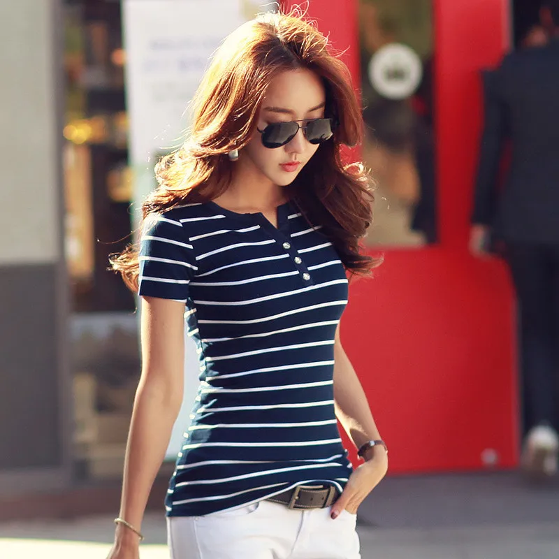 S-5XL Summer T-shirt Women 2019 Cotton Striped V-Neck Short Sleeve Tops Tee Casual Slim Plus Size Female T-shirts WXF709 | Женская