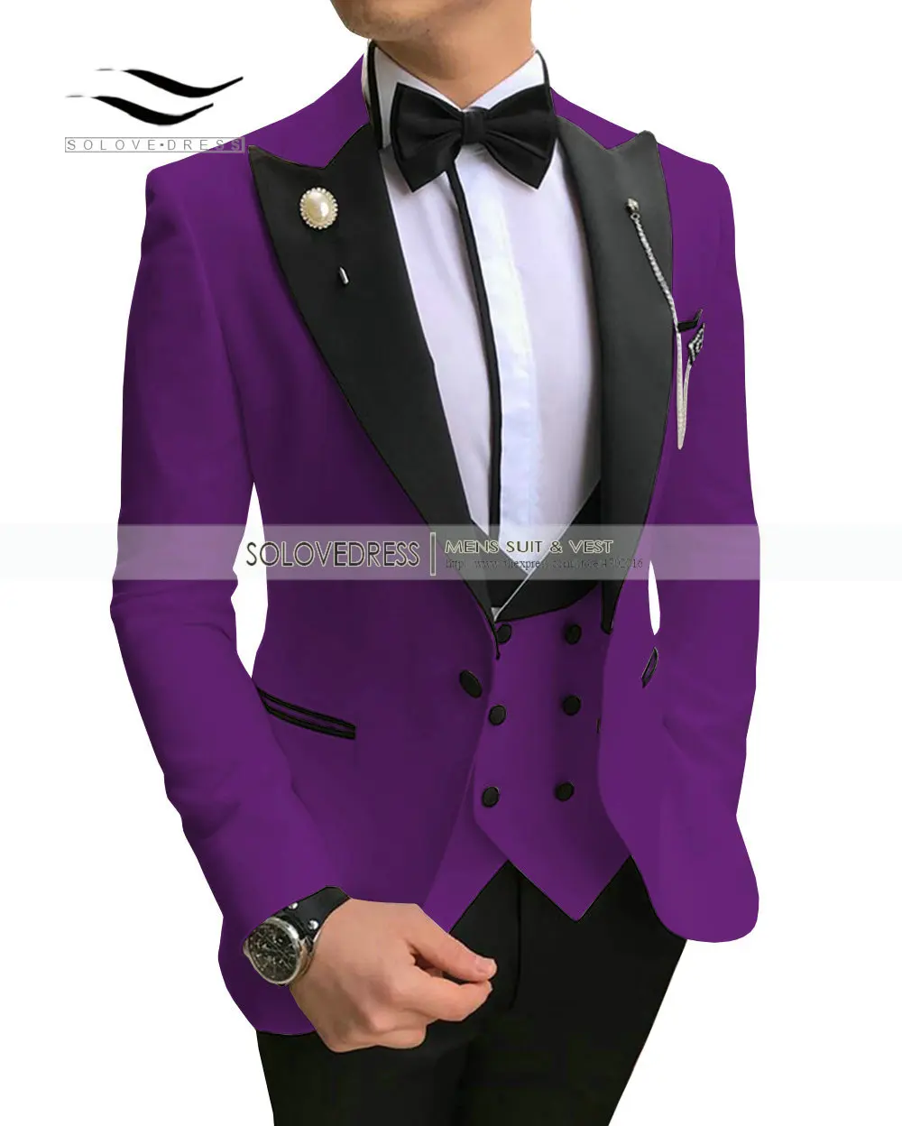 Purple Новинка, повседневные мужские костюмы, приталенные, 3 предмета, с отворотом, смокинги для выпускного вечера, Женихи, мужские для свадьбы(Блейзер+ жилет+ брюки - Цвет: Purple