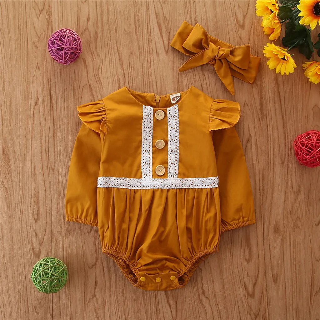 Newborn baby jumpsuit Infant Baby Girls romper Long Sleeve Ruffled Patchwork Lace Romper+Headband 2pcs Outfits Sets clothing