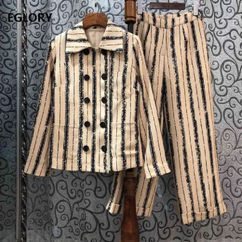 

High Quality Designer Clothing Sets 2019 Autumn Woman Striped Print Double Breasted Coat Jacket+Ankle Length Pants & Capris Sets