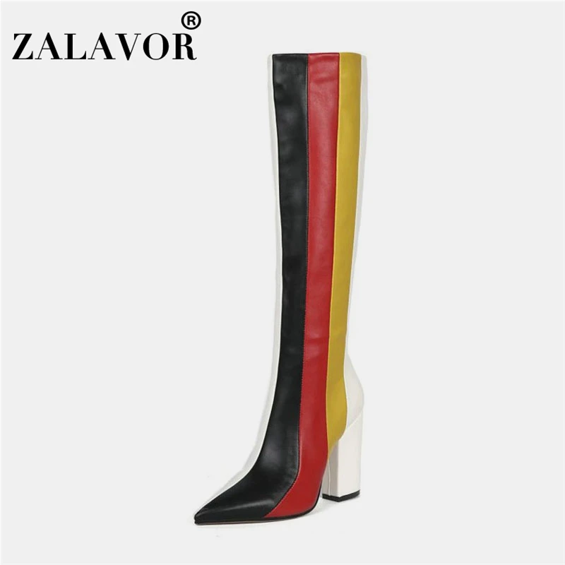 

ZALAVOR Thigh High Boots Women Big Size 34-45 Sexy Pointed Toe Mixed Color Luxury Designer Shoes Women Winter Warm High Heels