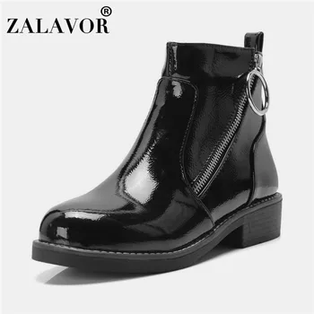 

ZALAVOR 2020 Fashion Ankle Boots Side Zipper Pattern Leather Flats Boots Autumn Winter Keep Warm Fur Shoes Women Size 32-43