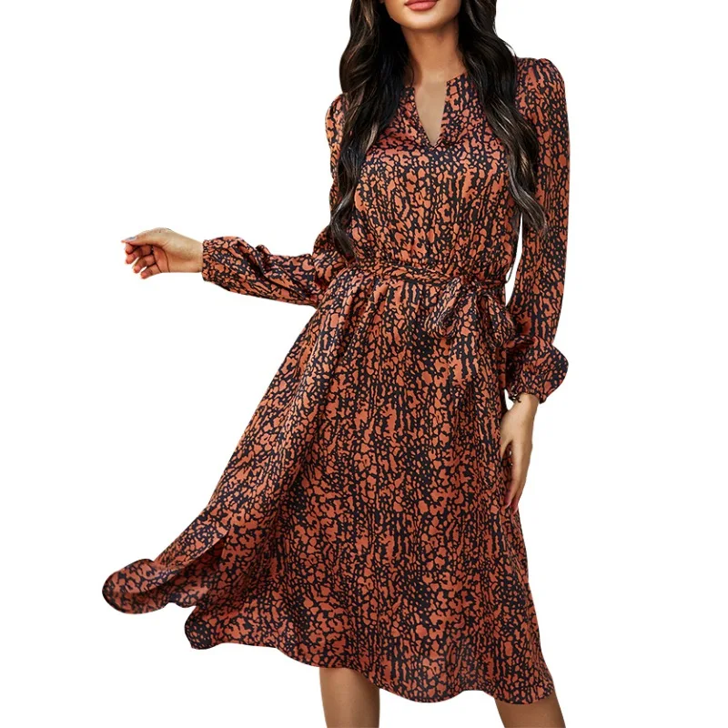 

Spring / Autumn Lady Retro Print High-Waisted Slim Dress Leopard Print Casual Soft Comfortable Dress Caramel Color