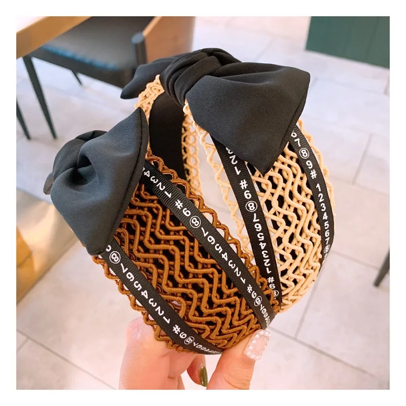 

Haimeikang Fashion Imitation leather Headband Hemp Rope English Alphabet Ribbon Head Hoop Changeable Openwork Bow Acessories