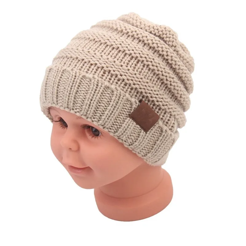 beige with tag Зимние шапки для детей, теплая шапочка-бини, вязаные шапочки, свободные шапки для девочек, милые вязаные шапочки Skullies для мальчиков, Детская мешковатая шапка s - Цвет: beige with tag