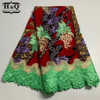 

H&Q newest 6 yards high quality embroidery nigerian guipure lace water soluble with african batik laces 100% cotton wax fabrics