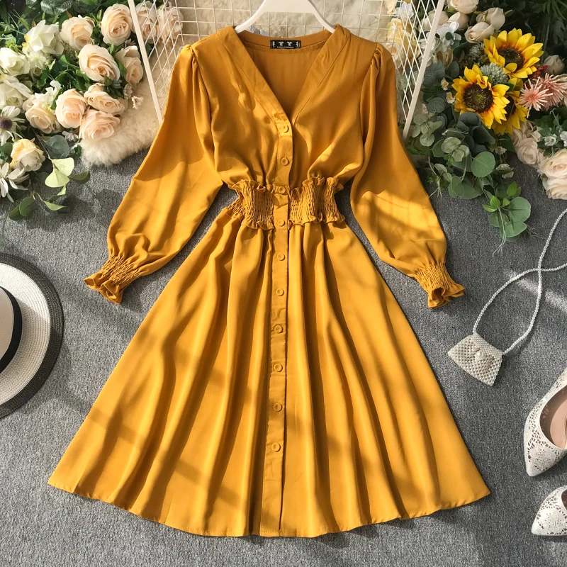 ALPHALMODA/Новое однотонное платье, однобортное, v-образный вырез, эластичная талия, тонкое женское шифоновое платье трапециевидной формы для осени