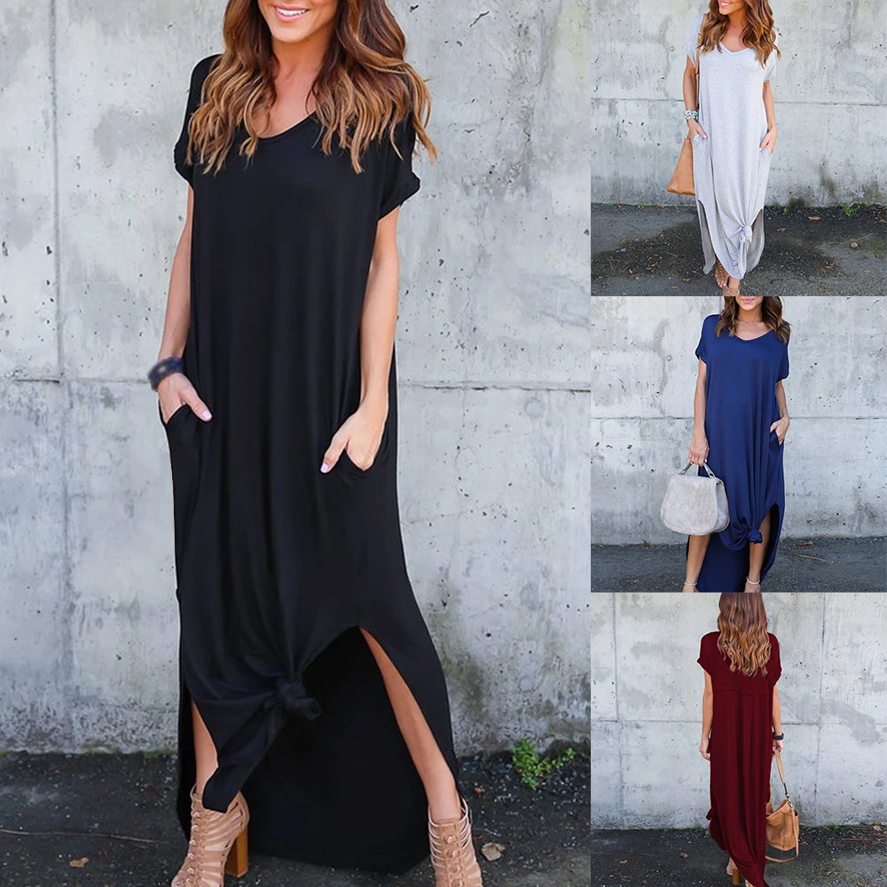 women's casual loose pocket long dress short sleeve split maxi dresses