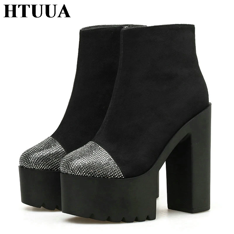 

HTUUA Shiny Rhinestone Flock Short Ankle Boots Women Black Zipper Autumn Platform Boots 14CM High Heel Gothic Shoes Woman SX3295