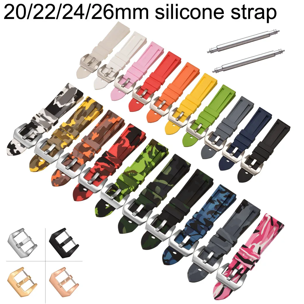 Camouflage 20mm 22mm 24mm 26mm Silicone Watch Strap Wrist Bracelet Smart Watch Strap Sports Replacement Rubber Watchband w Pins