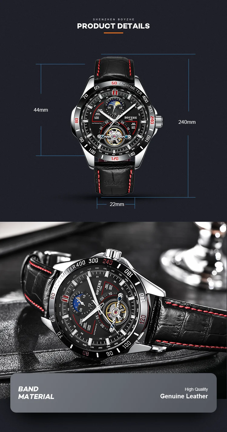 BOYZHE новые часы Tourbillon Мужские автоматические механические часы мужские деловые часы водонепроницаемые часы кожаный ремень светящаяся указка