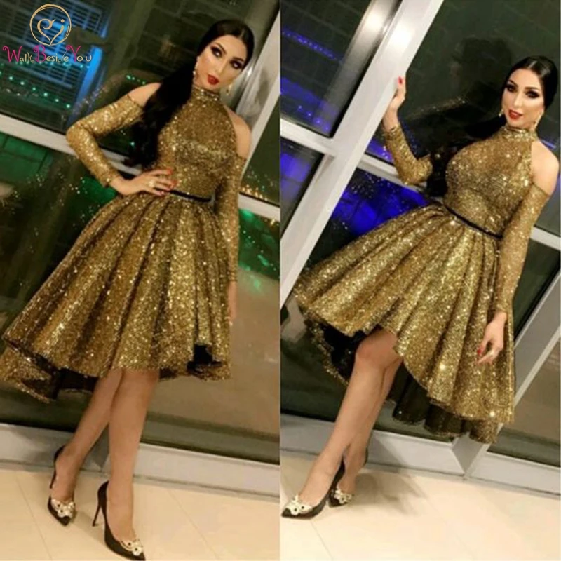 

Gold Short Front Long Back Halter Neck Prom Dresses For Women 2019 Long Sleeves Bling Seqiuned Off The Shoulder Evening Gowns
