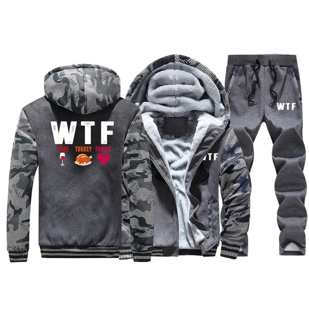Dark Gray День благодарения WTF вина индейки семья Творческий Толстые толстовки мужская зимняя куртка+ брюки 2 шт. наборы мужской теплый свитер с капюшоном - Цвет: Dark Gray