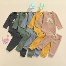 

OPPERIAYA Ribbed Pants Casual Set Long Sleeve Round Neck Rainbow Bodysuit Elastic Waist Lace Up Pants Baby Autumn Clothing