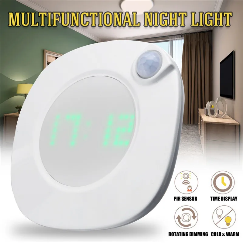 

LED Night Light PIR Motion Sensor with Time Clock for Home Bedroom Stairs Wall Lamp Brightness Battery Power 2 Lighting Color