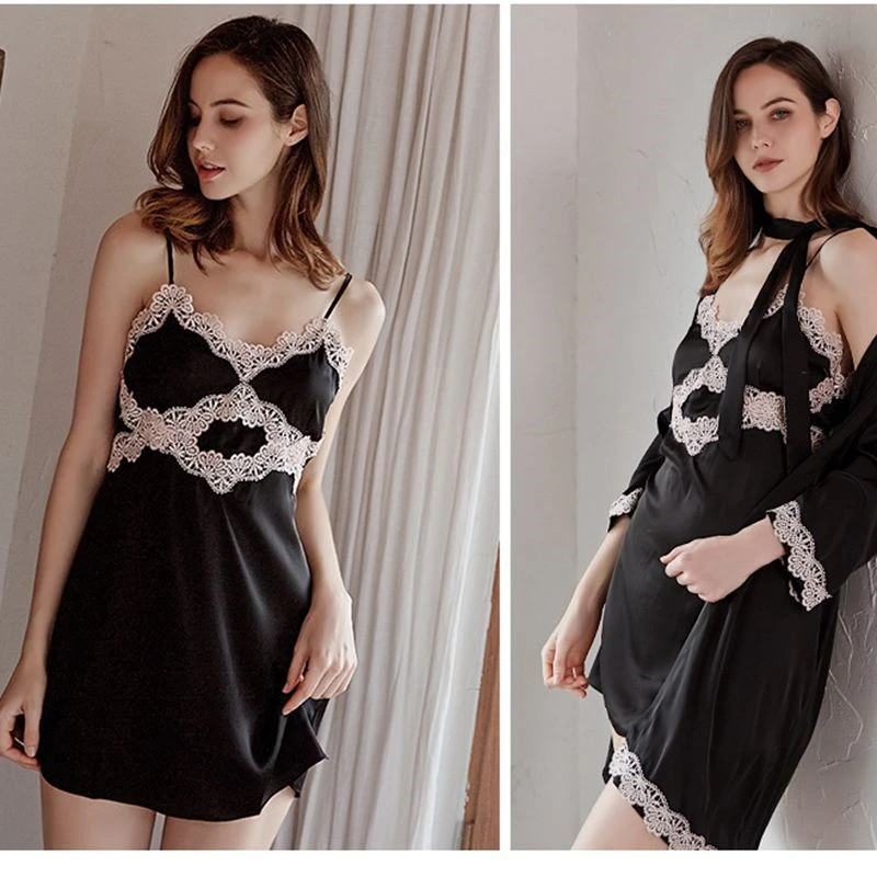 Red Sleepwear ice silk sling female Korean lace sling sexy nightware suit home service new arrival party Nightgown long robe