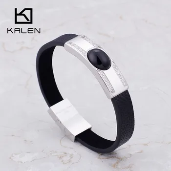 

KALEN Retro Tough Leather Wrap Bracelets For Men 21.5cm Long Stainless Steel Black Stone Hiphop/Rock Charm Bracelet Male Jewelry