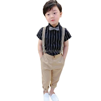 

2020 New Design Boys School Uniform Kids Formal Strap Shirt +Pants Clothing Set Children Wedding Birthday Dress 2-14T