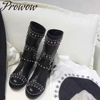 

Ollymurs Real Leather Metal Studded Midcalf Boots Round Toe Buckle Strap Thick Heel Low Heel Boots Shoes Women