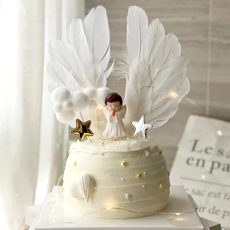 Cute Angel Wing Feather Cake Topper For Baby Shower Kids Birthday Party Decoration Supplies Wedding Dessert Cake Decor Tools party decorations cake topper cake toppers 1pc