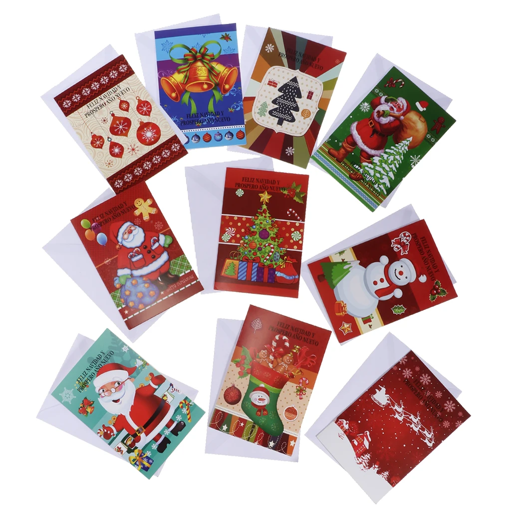 10pcs/set Merry Christmas Greeting Cards with Envelopes Xmas Gift Cards Winter Holiday Festival Greeting Supplies for Friend Kid