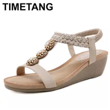 TIMETANG Summer Women Sandals Wooden Bead Water Drill Bohemia Wedges Shoes for Women Solid color Breathable Female Shoes