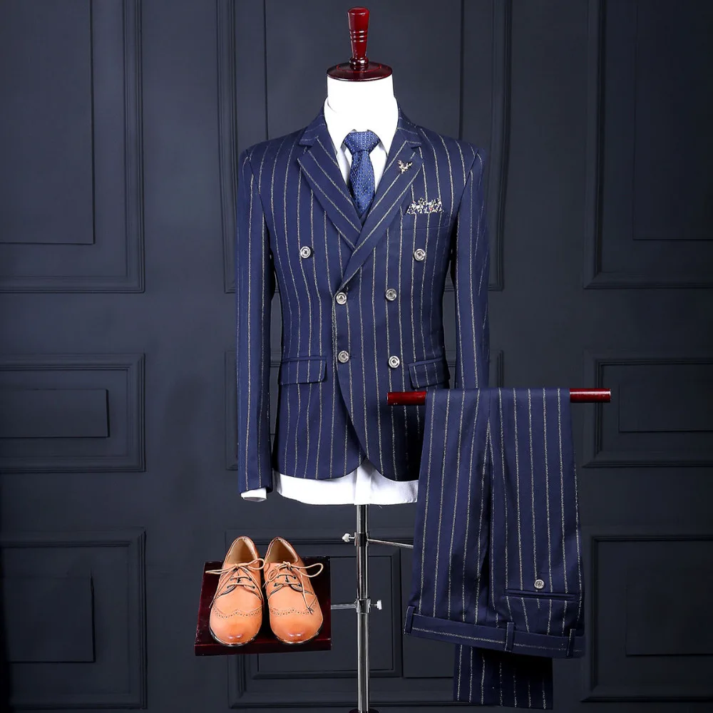 

2020 Striped Men Suit Latest Coat Pant Designs Fashion Formal Custom Made Blazer Men Suits (Jacket+Pant+Tie+Vest+Handkerchiefs)