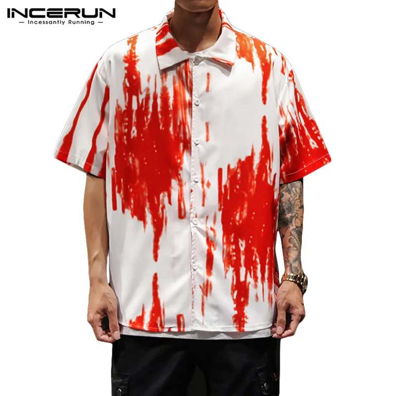 INCERUN Men Hawaiian Shirt Lapel Tie Dye Short Sleeve Breathable Blouse Vacation Loose Casual Brand Shirts Men Streetwear
