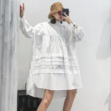 iMucci 2020White Stand Collar Spilt Joint Lace Women Top Lantern Sleeve Irregular Hem Blouse Loose Big Size Female Shirts TM1790