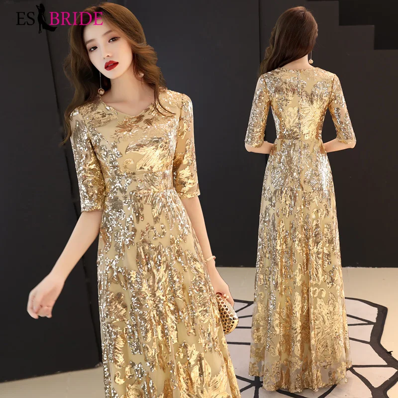 Великолепное Золотое торжественное платье; вечернее платье; роскошное вечернее платье с принтом; Элегантное Длинное Вечернее Платье; ES2646