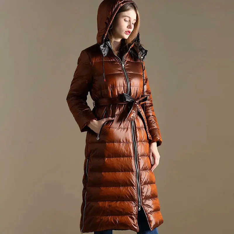 Caramel colour Европейский женский пуховик, куртки, зимняя парка с капюшоном, высокое качество, белый утиный пух, длинная куртка, женская с поясом, Двусторонняя одежда - Цвет: Caramel colour