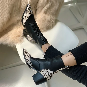 

Autumn Winter New Ankle Boots for Women Pointed Toe High Heels Shoes Woman Genuine Leather Horsehair Button Basic Boots