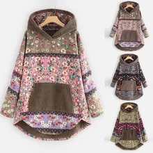 Plus Size Women Fleece Boho Hoodies Winter Keep Warm Patchwork Floral Print Sweatshirt Long Sleeve Pockets Hoodie Hoody