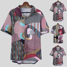 Мужские этнические рубашки со стоячим воротником в разноцветную полоску с коротким рукавом, свободные рубашки Etnische Gedrukt Stand Kraag, блузки