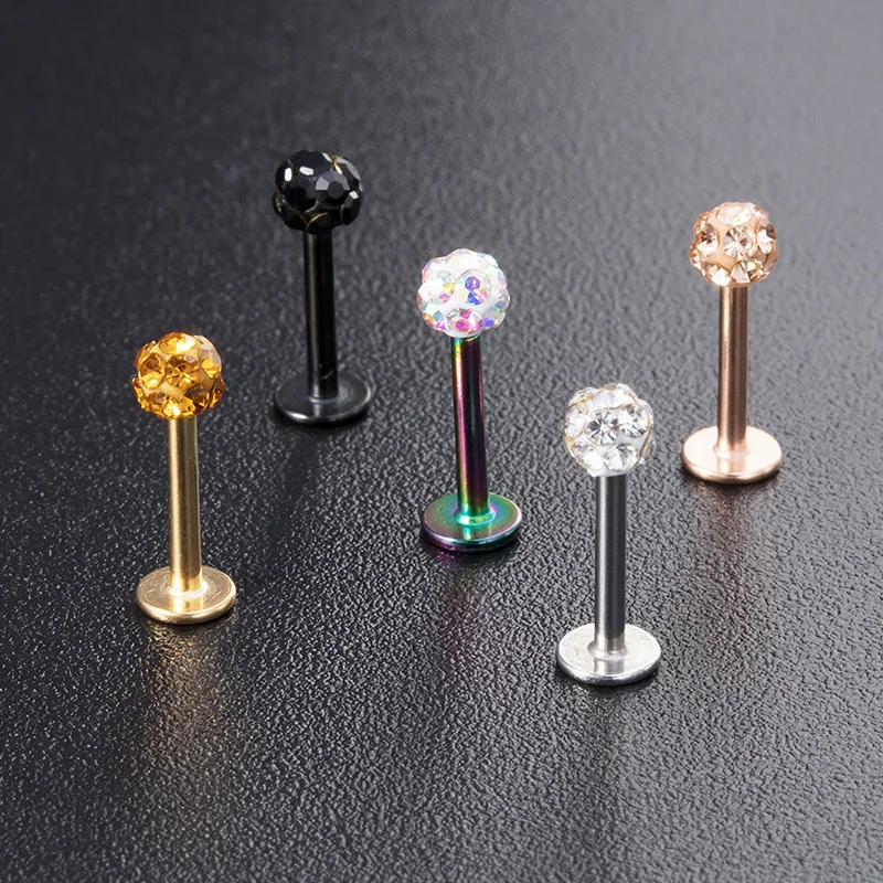 2Pcs 8mm Crystal Tragus Helix Earring Stud Ferido Ball Labret Monroe Lip Ring Surgical Steel Cartilage Piercing Jewelry for Women