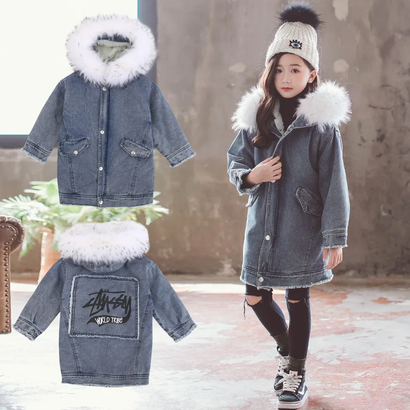 

Childrenswear Girls 2018 Autumn & Winter Mid-length KID'S Jacket Winter Style Big Boy Large Fur Collar Thick Jeans Coat